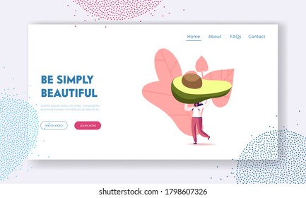 Vitamins, Exotic Tropical Fruits Landing Page Template. Tiny Female Character Carry Huge Avocado for Natural Mask or Eating. Vegetarian Healthy Food Fortified Nutrition. Cartoon Vector Illustration