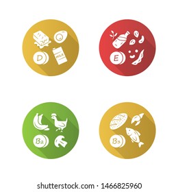 Vitamins flat design long shadow glyph icons set. D, E, B2, B3 vitamins natural food source. Dairy products, nuts. Proper nutrition. Healthy food. Minerals, antioxidant. Vector silhouette illustration