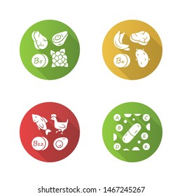 Vitamins flat design long shadow glyph icons set. B5, B6, B12 natural food source. Vitamin pills. Fruits, meat, vegetables. Proper nutrition. Minerals, antioxidants. Vector silhouette illustration