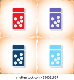 Vitamins. Flat sticker with shadow on old paper. Vector illustration