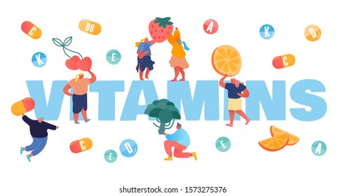 Vitamins in Food Concept. Tiny People Characters with Ripe Fruits and Vegetables. Vegetarian Diet, Healthy Fortified Nutrition Superfood Poster Banner Flyer Brochure. Cartoon Flat Vector Illustration