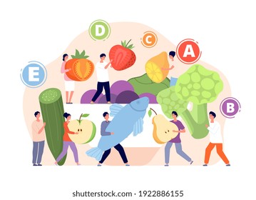 Vitamins in food. Healthy foods, vitamin balance in nutrition. Tasty meals, cartoon fresh eco diet. Flat person cooking dish utter vector concept