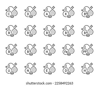Vitamins food supplements capsules line icons. Healthy nutrition, natural vitamins and multivitamin complex set. Biotin, ascorbic acid and niacin line icons. Vitamin C, B12 and D pills. Vector