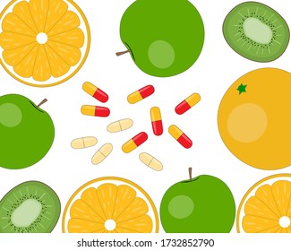 
Vitamins and fruits vector. Proper nutrition and health