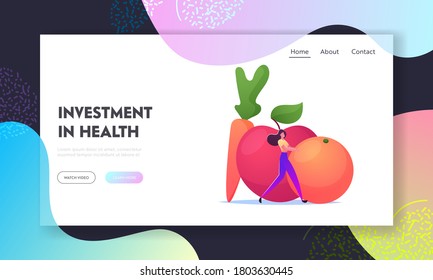 Vitamins in Fruits or Vegetable Landing Page Template. Tiny Woman with Huge Orange, Apple and Carrot. Vegetarian Female Character Choose Healthy Food, Fortified Nutrition. Cartoon Vector Illustration