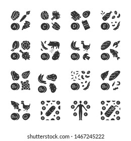 Vitamins glyph icons set. A, C, D, E, K, B natural food source. Vitamin pill, complex, cocktail. Fruits and vegetables. Proper nutrition. Minerals, antioxidants. Vector isolated illustration