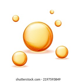 Vitamins gold 3d ball oil liquid essence pill collagen vector banner droplet icon