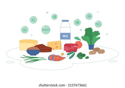 Vitamins of group B and food that contains riboflavin, niacin and biotin - flat vector illustration isolated on white. Healthy nutrition concept with milk, cheese, fish, eggs and vegetables.