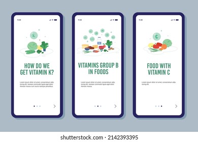 Vitamins and healthy nutrition information, onboarding screen templates - flat vector illustration. Set of UI UX app design interfaces with food products enriched in essential vitamins and minerals.