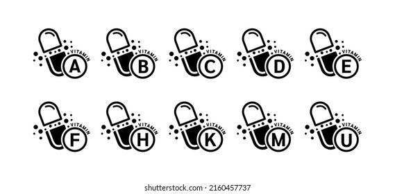 Vitamins icon black in capsule form simple line. Vitamin set isolated on a white background. Medical symbol concept. Design for use on web app mobile and print media. Vector EPS10 illustration.