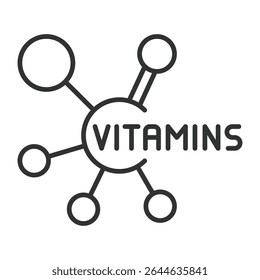 Vitamins, icon in line design. Vitamins, supplement, health, nutrition, immune, multivitamin, capsule on white background vector. Vitamins, editable stroke icon