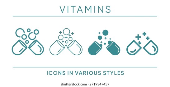 Ícones de vitaminas - ingrediente mostrado em diferentes estilos gráficos, incluindo linha fina, linha em negrito, contorno, monocromático e design plano. Usado para cosméticos, cuidados com a pele, suplementos e rotulagem do produto.