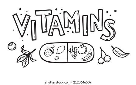Vitamins lettering text. Positive summer quote. Black handwritten letters on white background with doodle elements. Designed for card, cover, apparel, t shirt, sign, banner. Vector illustration.