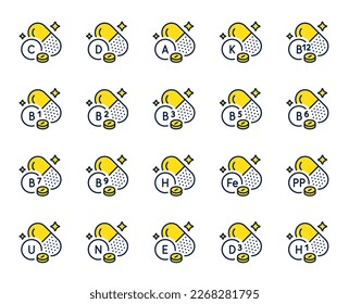 Vitamins line icons. Food supplements capsules, Healthy nutrition and Multivitamin complex set. Natural B12 vitamins. Biotin, ascorbic acid and niacin line icons. Vitamin C, A and D pills. Vector