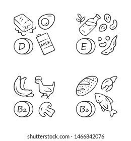 Vitamins linear icons set. D, E, B2, B3 vitamins natural food source. Dairy products, nuts. Minerals, antioxidants. Thin line contour symbols. Isolated vector outline illustrations. Editable stroke