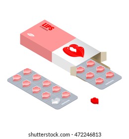 Vitamins Lips. Lip augmentation pills. Tablets in pack. Natural beauty products in form of kiss. Womens Medicine. Medical drugs