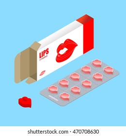 Vitamins Lips in pack. Lip augmentation pills. Tablets in box. Natural beauty products in form of kiss. Womens Medicine. Medical drugs
