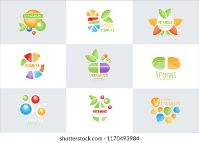 Vitamins logo set original design colorful vector Illustrations