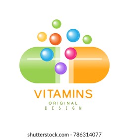 Vitamins logo template original design, pharmacy label, health care colorful vector Illustration