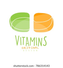 Vitamins logo template original design, pharmacy label vector Illustration