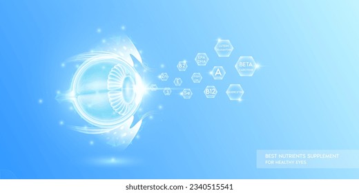 Vitamins lutein zeaxanthin with beta carotene in hexagon absorbed into the eyeball. Best nutrients supplement for healthy eye. Health care medical innovation. Human organ translucent low poly. Vector.