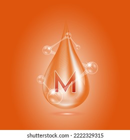 Vitamins M collagen serum water drop isolated on dark background. Solution complex orange with molecule oxygen bubbles surround. Beauty skincare cosmetics. Medical concepts. 3D Realistic Vector.