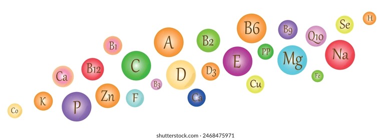 Vitamins, microelements, bio-additives. Poster, banner, vitamin label. Set of round icons with vitamins
