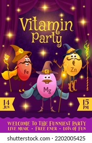 Vitamins And Micronutrients Party Flyer, Cartoon Wizards And Mages With Magic Wands, Vector Poster. Kids Party Flyer With Cheerful Mineral Characters Of Iron, Magnesium And Zinc With Magician Staff