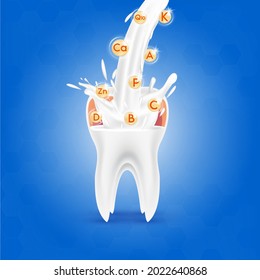 Vitamins mineral gold. Glossy drop pill capsule. Essential nutrients for bone and teeth health main human organs with molecular. Calcium, Zinc. Medical and health concepts. 3D Vector.