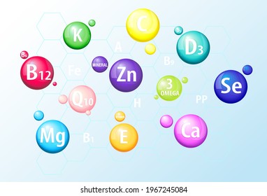 Vitamins, minerals A, B12, C, D3, E, selenium, calcium, magnesium, zinc. Set of 3d icons. Capsules, vitamin complex. The concept of a healthy lifestyle, nutrition. Collection of round signs. Vector .