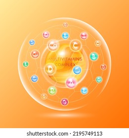 Vitamins minerals complex. Multivitamins capsules isolated on orange background. Dietary supplement for pharmacy clinic advertisement package design. Science medic concept. 3D vector EPS10.