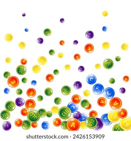 Complejo de vitaminas y minerales. Las multivitaminas complementan las píldoras esparcidas redondas y coloridas. Tratamiento de belleza y nutrición cuidado de la piel. Concepto de bienestar. Formación médica y científica.