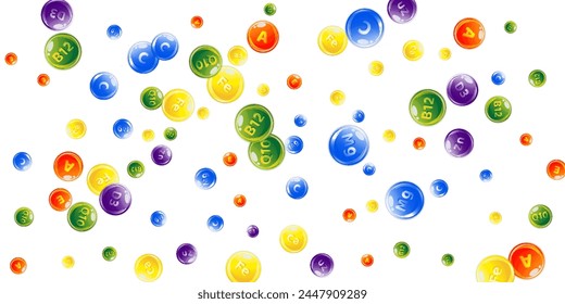 Vitamins and minerals complex. Multivitamins supplement round colorfull scattered pills. Beauty treatment and nutrition skin care.   Essential vitamins vector illustration.  Wellness concept.