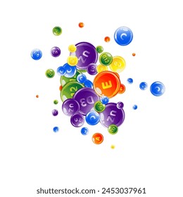 Vitamins and minerals complex. Multivitamins supplement round colorfull scattered pills. Beauty treatment and nutrition skin care.   Essential vitamins vector illustration.  Healthy life concept.