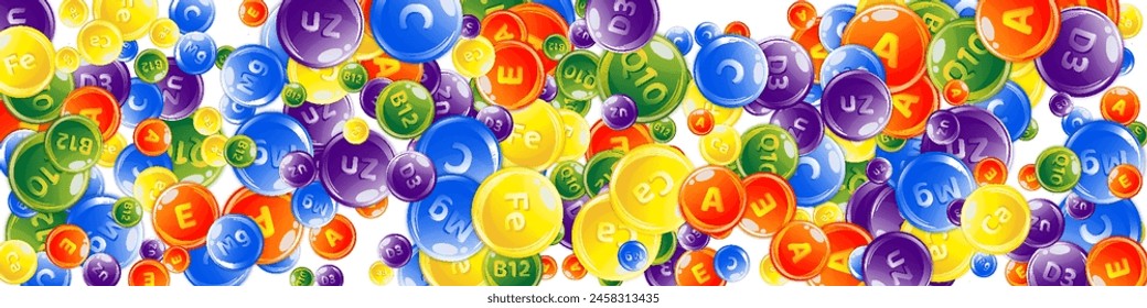 Vitamins and minerals complex. Multivitamins supplement round colorfull scattered pills. Beauty treatment and nutrition skin care.   Wellness concept. Essential vitamins vector illustration. 