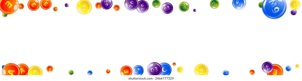 Vitamins and minerals complex. Multivitamins supplement round colorfull scattered pills. Beauty treatment and nutrition skin care.   Essential vitamins vector illustration.  Wellness concept.