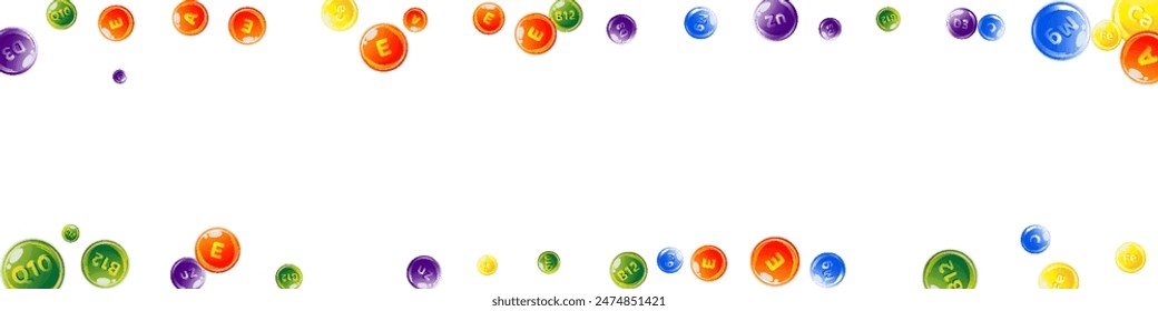 Vitamins and minerals complex. Multivitamins supplement round colorfull scattered pills. Beauty treatment and nutrition skin care.   Healthy life concept. Medical and scientific background. 