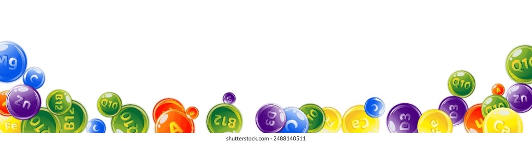 Vitamins and minerals complex. Multivitamins supplement round colorfull scattered pills. Beauty treatment and nutrition skin care.   Essential vitamins vector illustration.  Wellness concept.