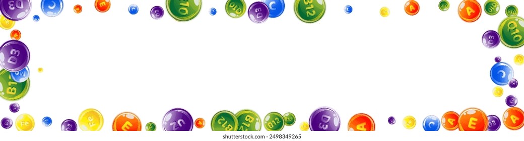 Vitamins and minerals complex. Multivitamins supplement round colorfull scattered pills. Beauty treatment and nutrition skin care.   Wellness concept. Medical and scientific background. 