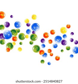 Complexo de vitaminas e minerais. Multivitamínicos complementam comprimidos redondos coloridos espalhados. Tratamento de beleza e nutrição cuidados com a pele.   Conceito de bem-estar. Ilustração essencial do vetor de vitaminas. 