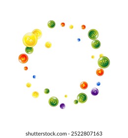 Vitamins and minerals complex. Multivitamins supplement round colorfull scattered pills. Beauty treatment and nutrition skin care.   Healthy life concept. Essential vitamins vector illustration. 