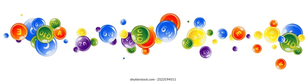 Vitamins and minerals complex. Multivitamins supplement round colorfull scattered pills. Beauty treatment and nutrition skin care.   Wellness concept. Essential vitamins vector illustration. 