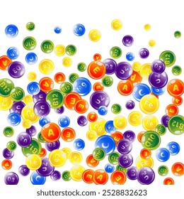 Vitamins and minerals complex. Multivitamins supplement round colorfull scattered pills. Beauty treatment and nutrition skin care.   Healthy life concept. Essential vitamins vector illustration. 