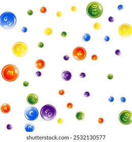 Complexo de vitaminas e minerais. Multivitamínicos complementam comprimidos redondos coloridos espalhados. Tratamento de beleza e nutrição cuidados com a pele.   Conceito de vida saudável. Experiência médica e científica. 
