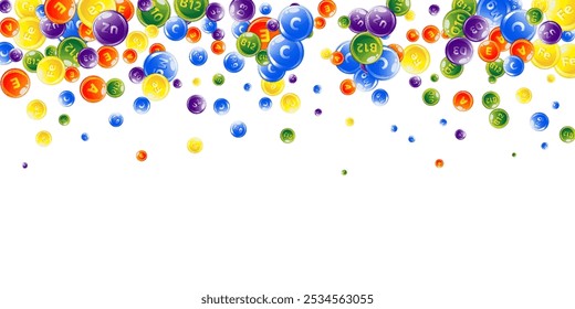 Vitamins and minerals complex. Multivitamins supplement round colorfull scattered pills. Beauty treatment and nutrition skin care.   Wellness concept. Essential vitamins vector illustration. 