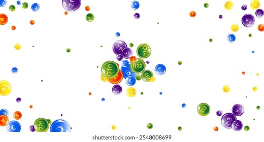 Vitamins and minerals complex. Multivitamins supplement round colorfull scattered pills. Beauty treatment and nutrition skin care.   Healthy life concept. Essential vitamins vector illustration. 