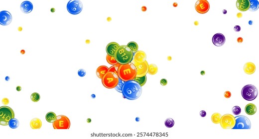 Vitamins and minerals complex. Multivitamins supplement round colorfull scattered pills. Beauty treatment and nutrition skin care.   Wellness concept. Essential vitamins vector illustration. 