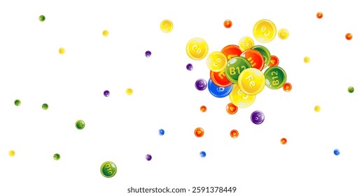 Vitamins and minerals complex. Multivitamins supplement round colorfull scattered pills. Beauty treatment and nutrition skin care.   Healthy life concept. Essential vitamins vector illustration. 