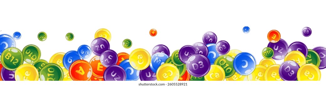 Vitamins and minerals complex. Multivitamins supplement round colorfull scattered pills. Beauty treatment and nutrition skin care.   Essential vitamins vector illustration.  Wellness concept.