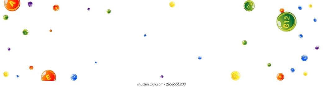Complejo de vitaminas y minerales. Multivitamínicos suplementos redondos píldoras dispersas de colores. Tratamiento de belleza y nutrición cuidado de la piel.   Ilustración vectorial de vitaminas esenciales.  Concepto de bienestar.